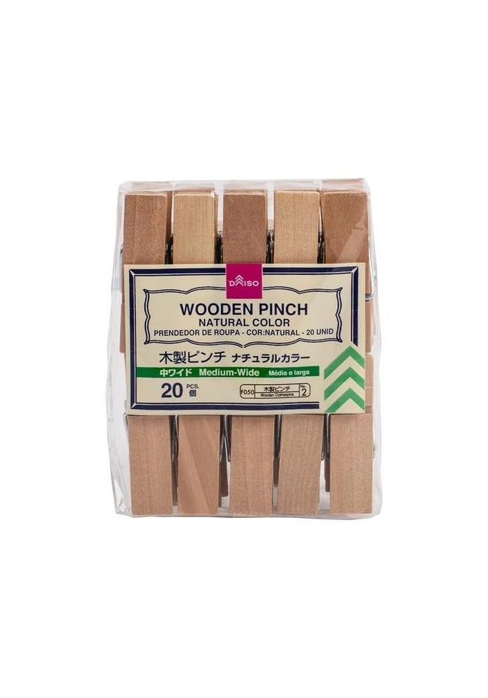 Daiso Wide Wooden Pinch, Natural Color - 20 Pcs